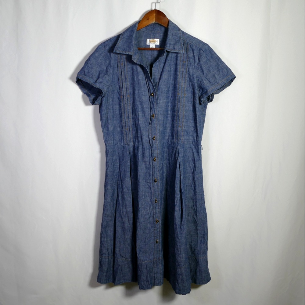 Talbots Womens Country Chambray Denim Shirt Dress Size 14 Western Modest Retro